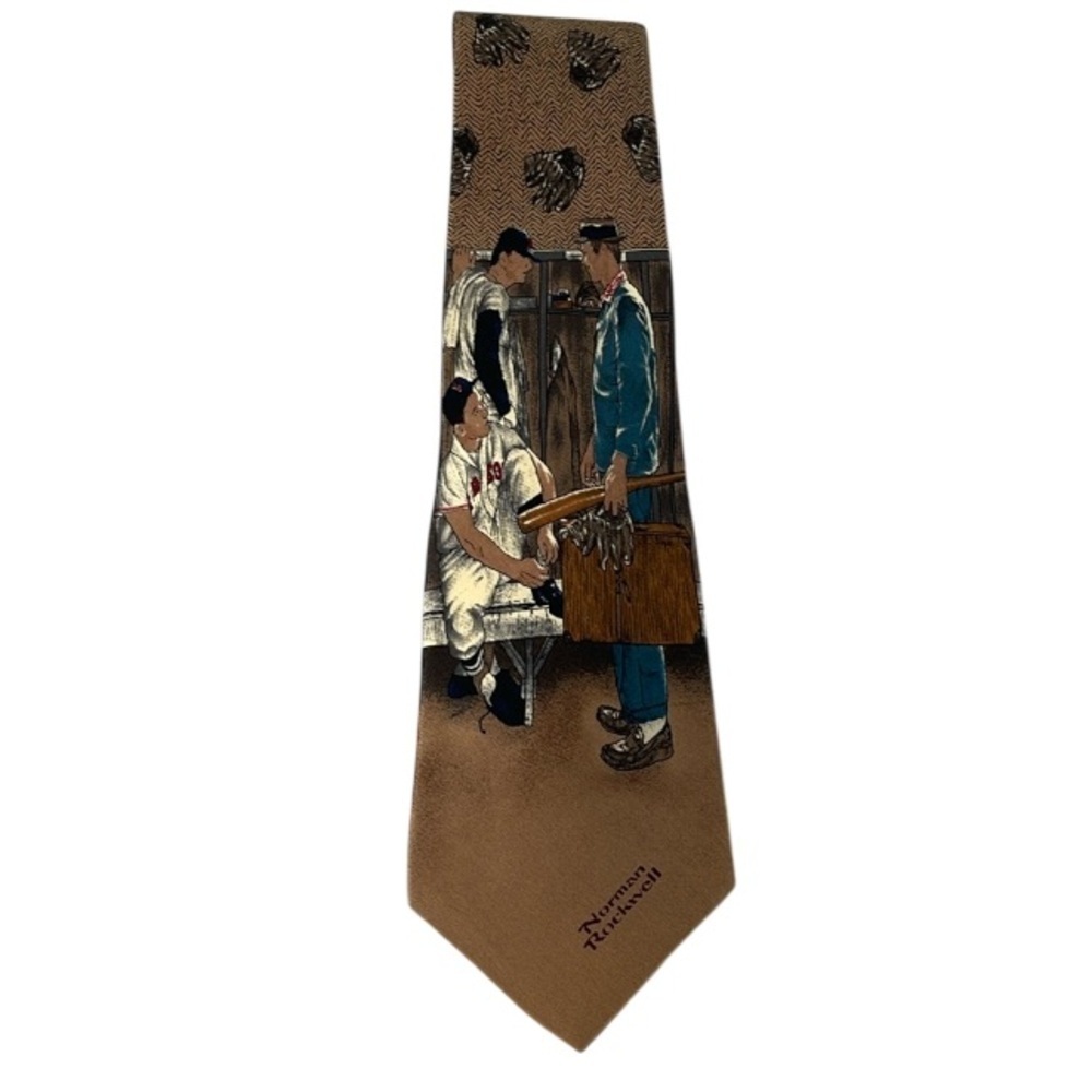VINTAGE Norman Rockwell The Rookie Silk Tie The Saturday Evening Post 1995 Tan